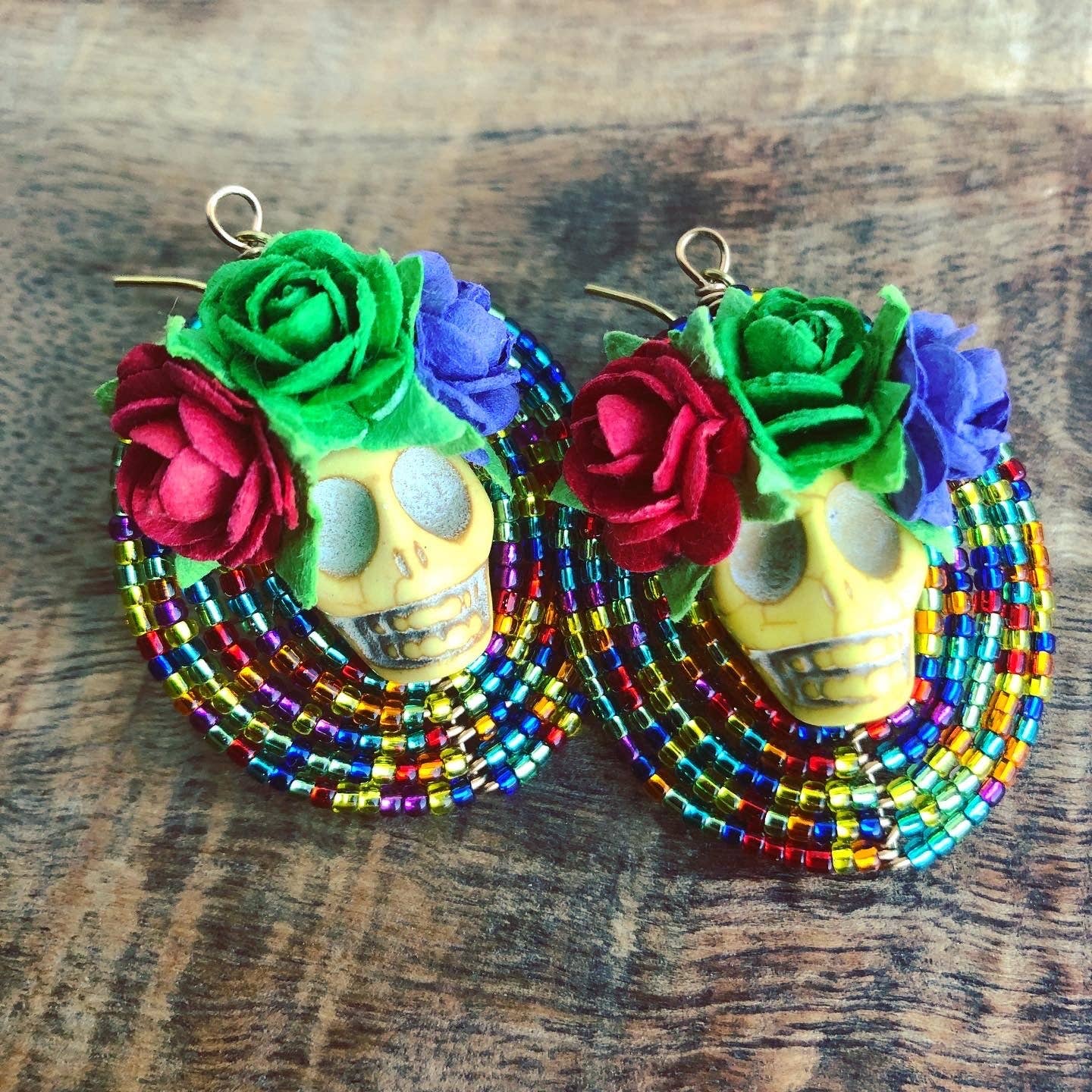 MorninGloria's - Wholesale Dangle Earrings - Dia De Los Muertos Frida Kahlo Flor Calavera Beaded Earrings0