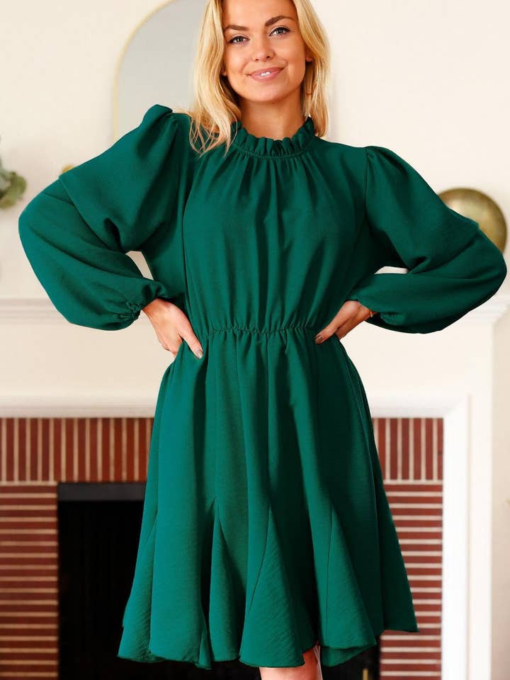 Hunter Green Mock Neck Dress with Back Button and Side Pockets for wholesale by Promenade