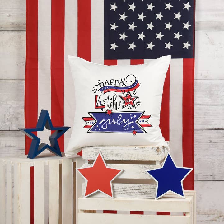 Canary Road - Vente Coussin décoratif - Coussin Happy 4th of July, décor patriotique rouge, blanc et bleu1