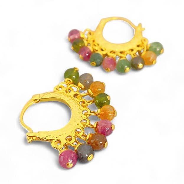 Hammered Hoop Earring with Purple & Green Beads in Gold
for wholesale by White Leaf