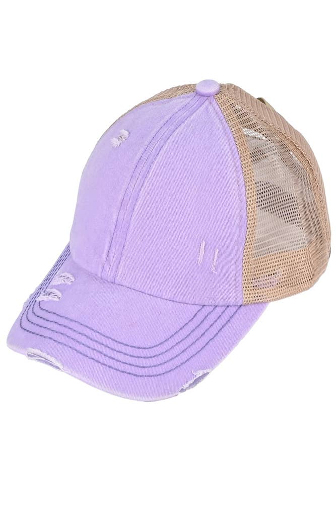 Hana - Wholesale Ponytail Cap - Women's - C.C Washed Denim with Crossed Elastic Band Mesh Pony Cap22