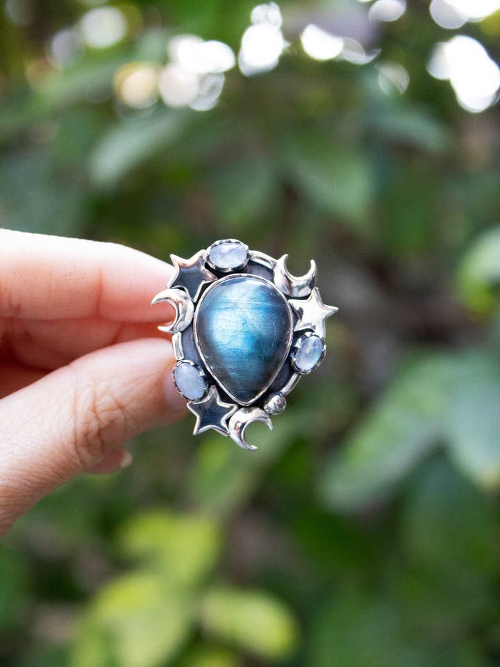 Moonfire Constellation — Labradorite & Moonstone Celestial Ring, AR-7729 for wholesale by Ambra Jewels