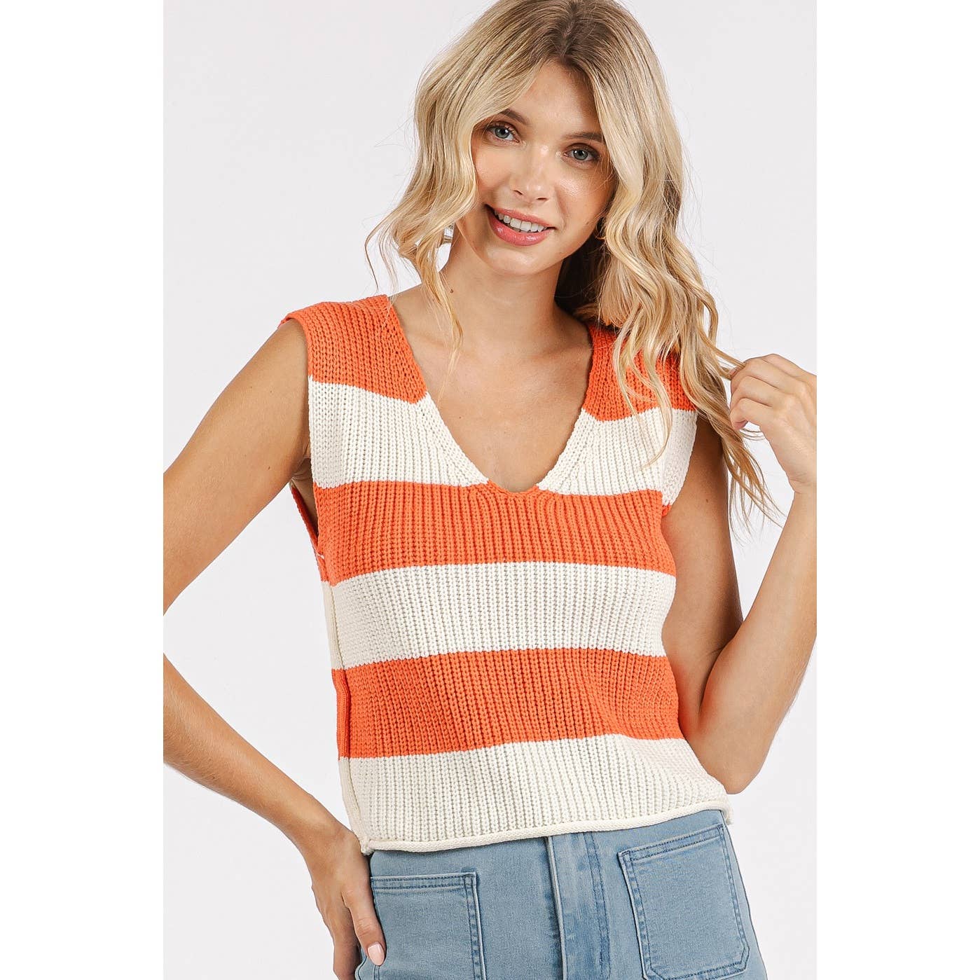 mittoshop - Wholesale Sweater Vest - Women's - STRIPED V-NECK CROPPED SWEATER VEST TOP4