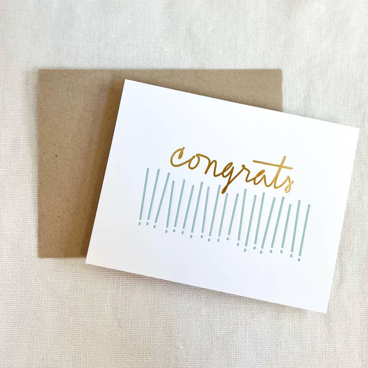 Congrats Blank Sky Blue Gold Foil Greeting Card for wholesale by Stephanie's Paper Shop