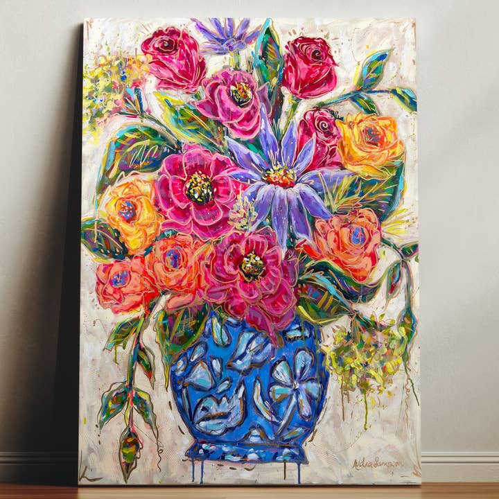 Blue Vase Floral Bouquet Canvas Print - Flower Art Painting for wholesale by Audra Style