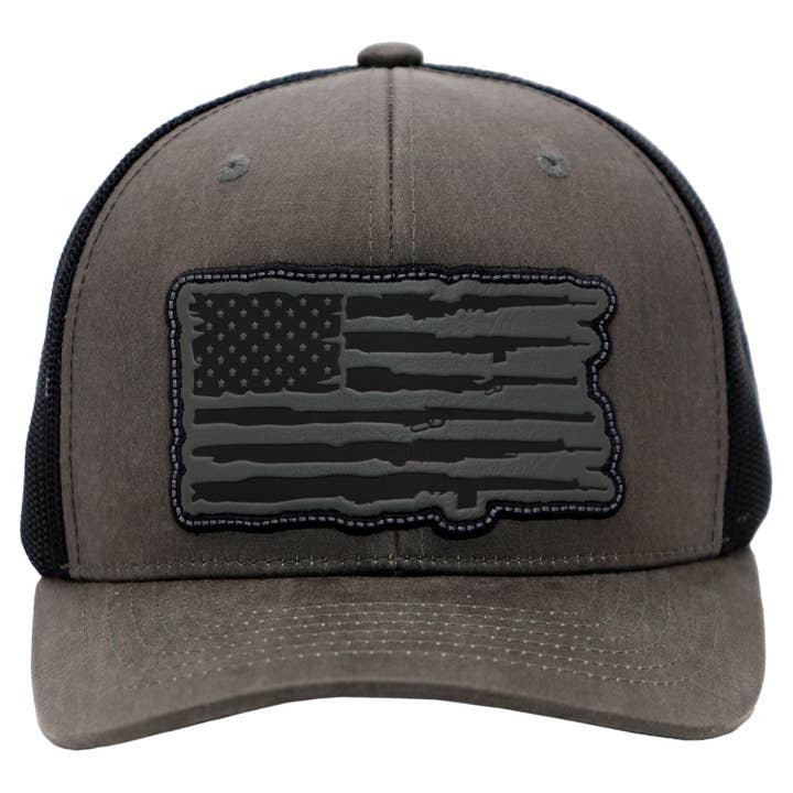 Cap Zone - Wholesale Trucker Hat - Unisex - Rifle American Flag Oiled Faux Leather Trucker Hat7