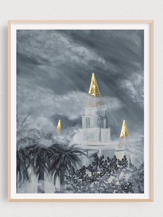 Impression d'art du temple Stormy Oakland LDS pour la vente par Cynthia Klumpp Art