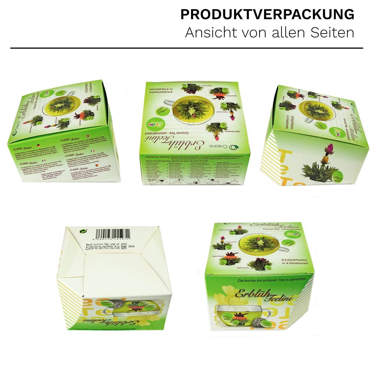 Creano – wholesale Loose tea – Creano “ErblühTeelini” 8 tea flowers in 4 varieties (green tea)5