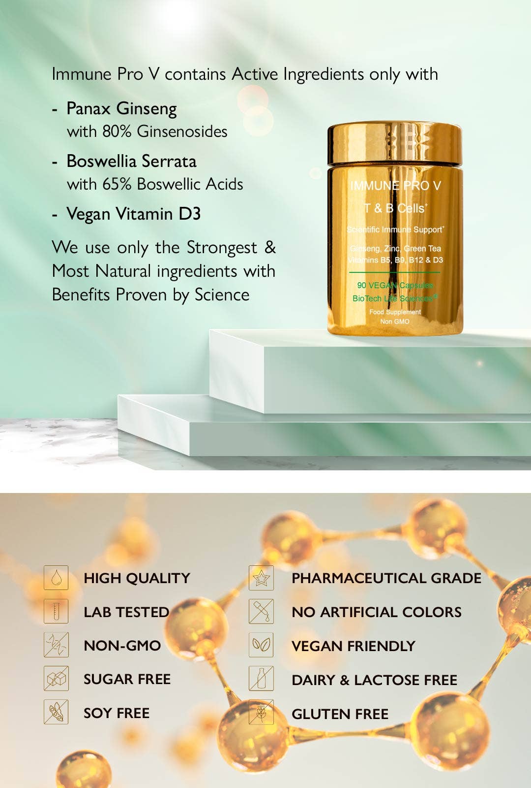 BioTech Life Sciences – Großhandel Nahrungsergänzungsmittel/Vitamin zum Einnehmen – Immune 5: Vit D3 B5 B9 B12 Zink Ginseng Knoblauch Grüntee 5