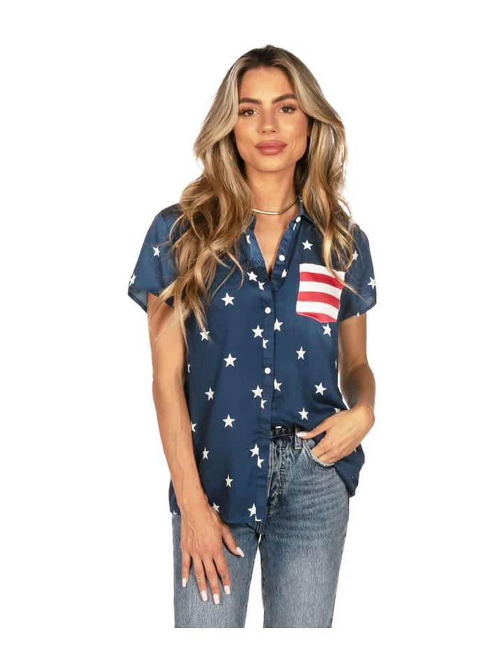 Tipsy Elves - Wholesale Button Down Shirt - Women's - Classic Flag Women's Hawaiian Shirt – Patriotic Button Down