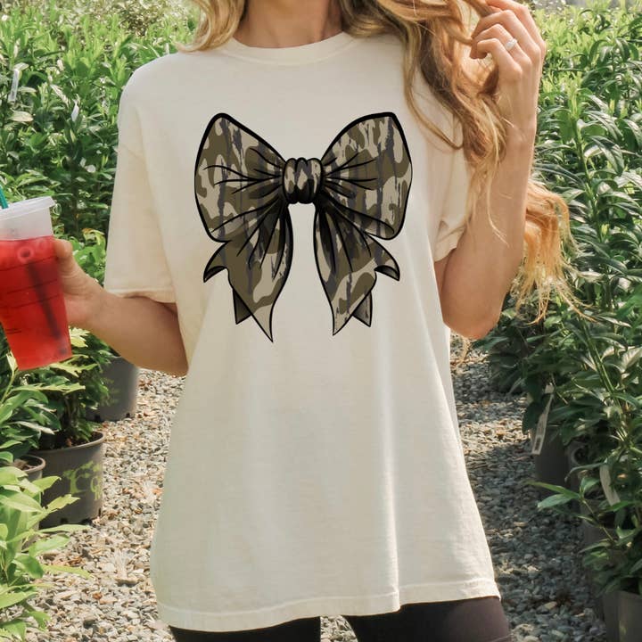 Camo Bow Comfort Color Tshirt for wholesale by Classy and Sassy Creations and Boutique