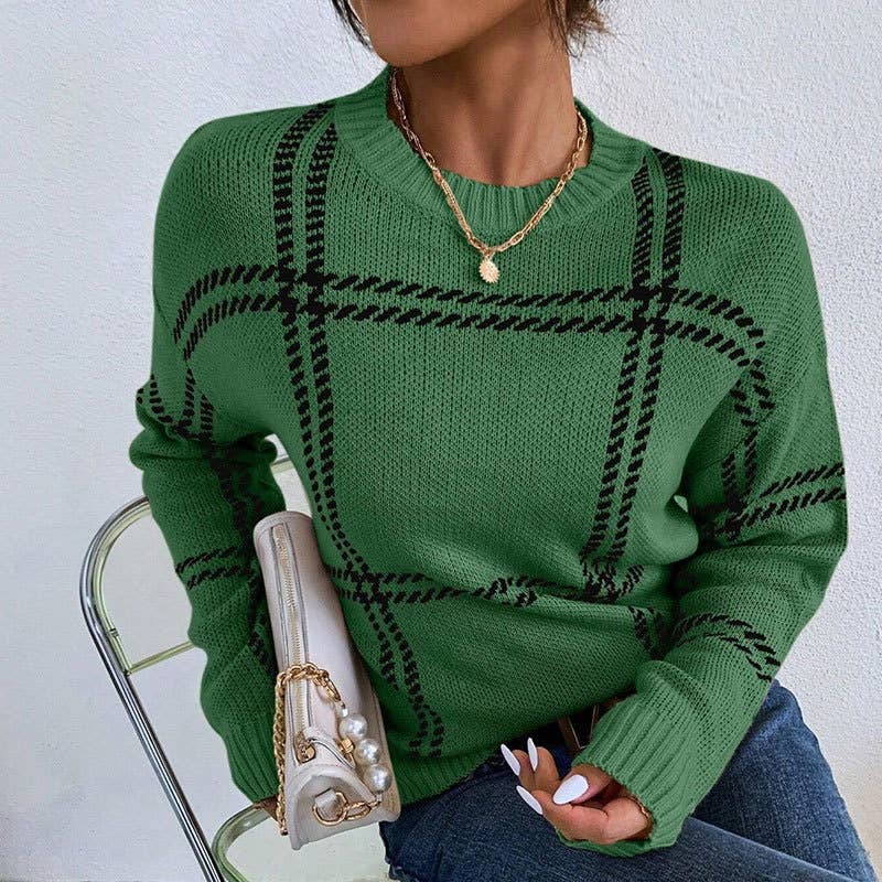 Anna Kaci Wholesale – wholesale Knitted jumper – Women′s – Plaid Pattern Crew Neck Long Sleeve Knit Sweater5