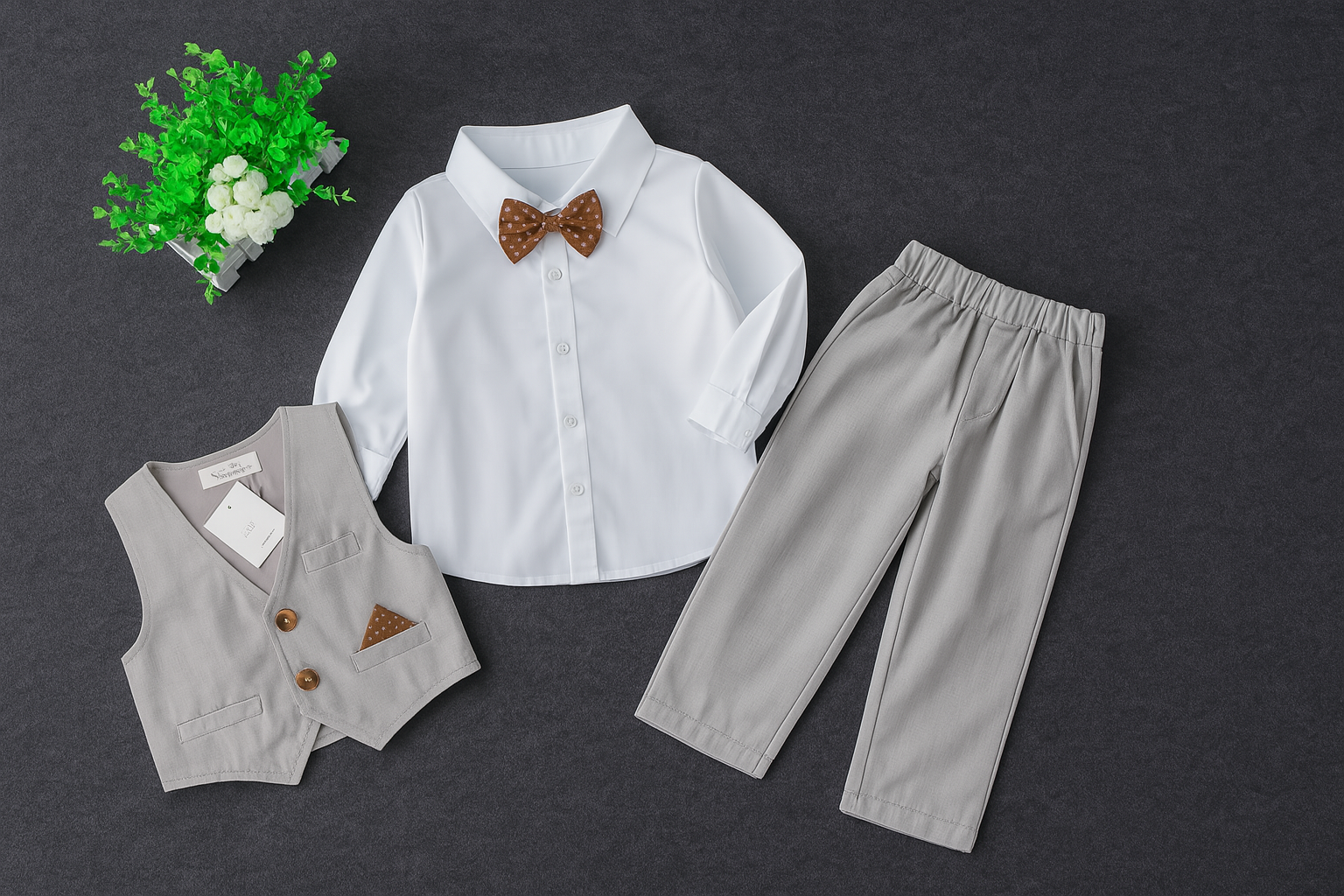 Fennco Styles – wholesale Clothing set – Baby – Grey & White 4pcs Tuxedo Boy Outfit1