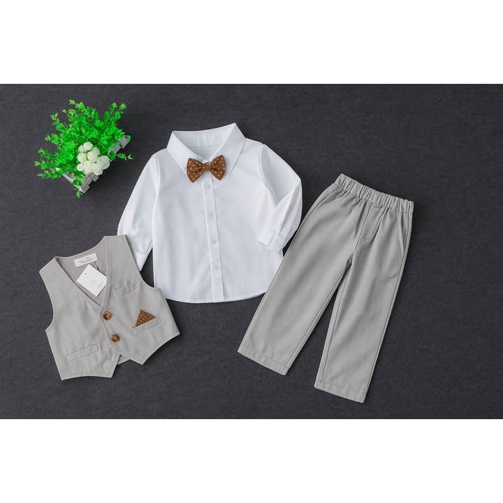 Fennco Styles - Wholesale Clothing Set - Baby - Grey & White 4pcs Tuxedo Boy Outfit1