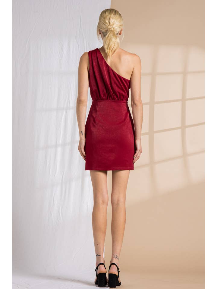 LENA - Wholesale Dress - Women's - Satin Cutout One Shoulder Pleats Mini Dress