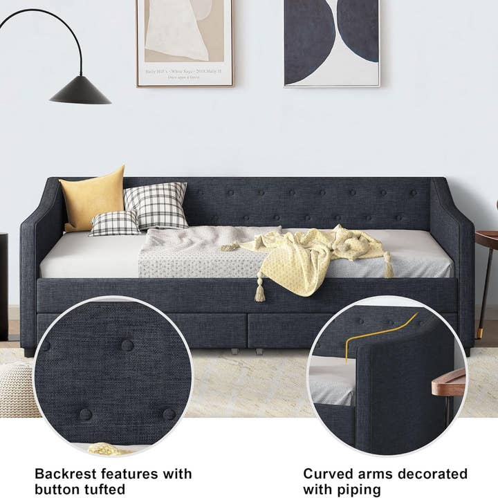 Twin Size Daybed In Dark Grey Linen With Two Drawers for wholesale on Faire3