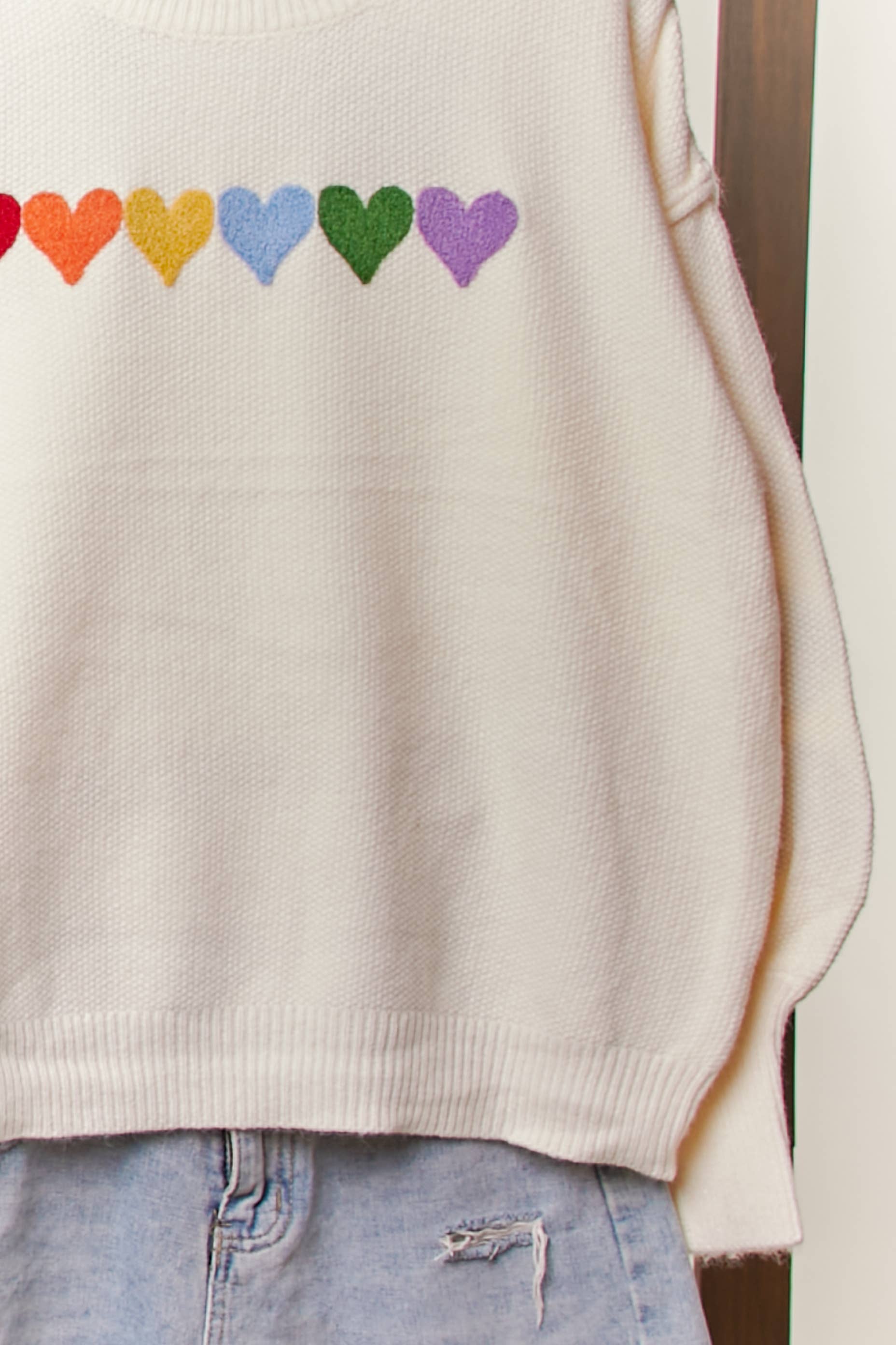 Ivory Multi Rainbow Heart Shaped Patch Sweater for wholesale on Faire6