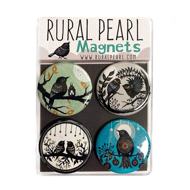 Rural Pearl: Cut Paper Art by Angie Pickman - Wholesale Magnet - Night Birds Magnets - Set of 4 - 1.25 inch Magnets0