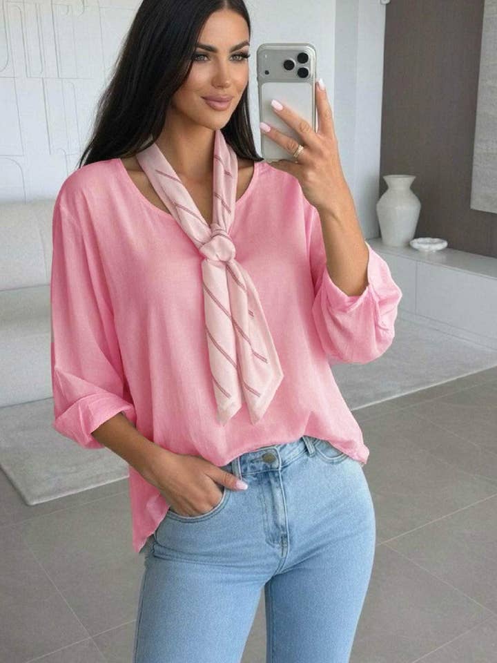 Ezra High Low Crew Neck Scarf Blouse Top-Pink for wholesale by Catwalk Wholesale