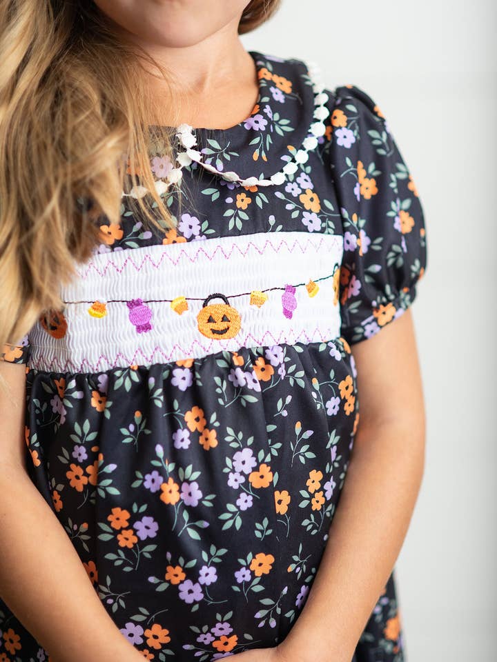 Wren & James - Wholesale Dress - Kids - Kids Halloween Pumpkin Candy Smocked Puff Sleeve Fall Dress