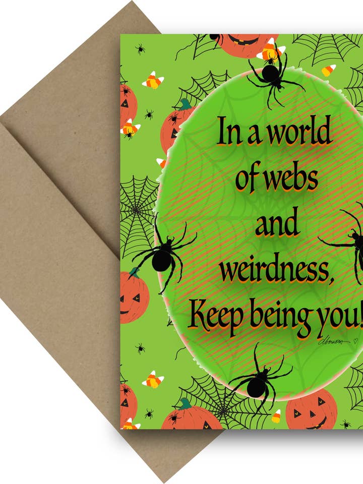 Quirky Halloween Card – A2 Greeting Card with Spiders, Webs, Pumpkins and Candy Corn – Keep Being You Quote – Weird and Wonderful for wholesale by Color Crumbs Club