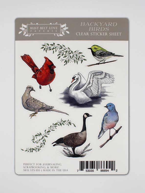 Backyard Birds Clear Sticker Sheet for wholesale by Rust Belt Love Paperie