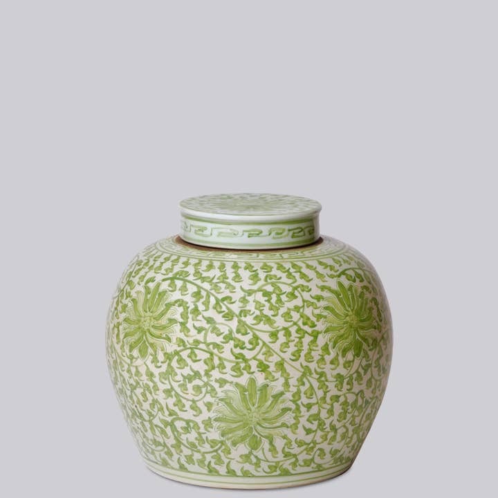 Cobalt Guild - Wholesale Decorative Jar - Scrolling Lotus Green and White Porcelain Jar2