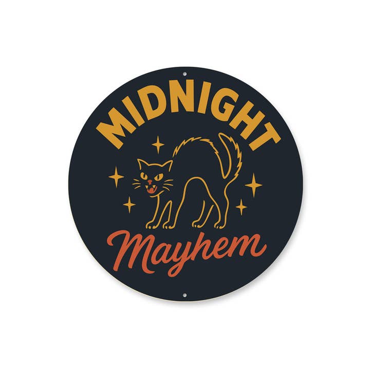 Midnight Mayhem Black Feline Hissing Cat Round Sign for wholesale by Lizton Sign Shop, Inc