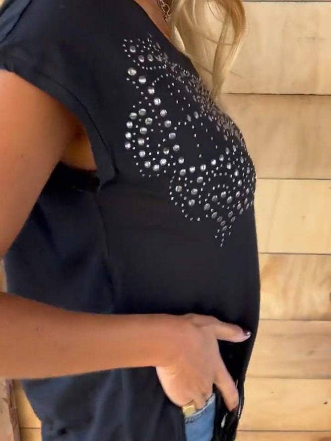 UNISHE - Vente Chemisier – femme - Top uni à manches courtes avec franges, col rond ZK19121