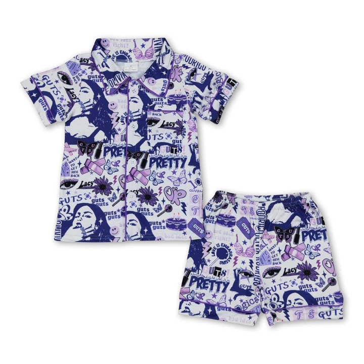 Purple butterfly singer girls summer pajamas for wholesale by Yawoo Garments