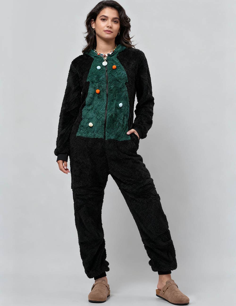 Green Ladies Christmas Color Block Fleece Jumpsuit Hooded Overall for wholesale on Faire4