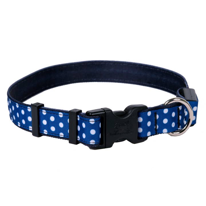Navy Polka Dot on Solid Black Ribbon Collar for wholesale by Yellow Dog Design