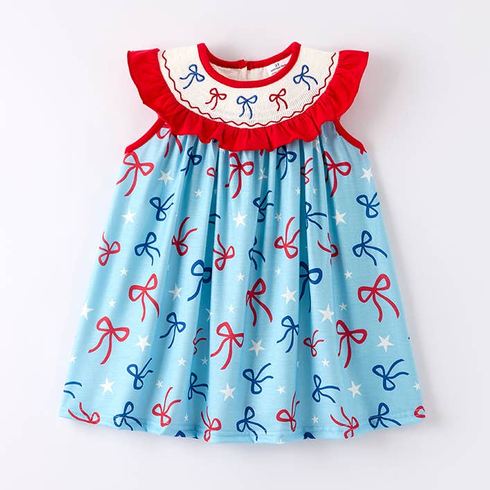 Girls July 4th Bow Smocked Embroidered Red Blue Dress for wholesale by Auraquise