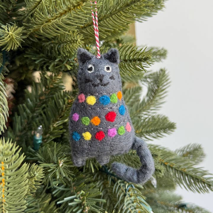 Ornaments 4 Orphans - Wholesale Ornament - Cat Tangled in Christmas Lights Felt Wool Ornament 2