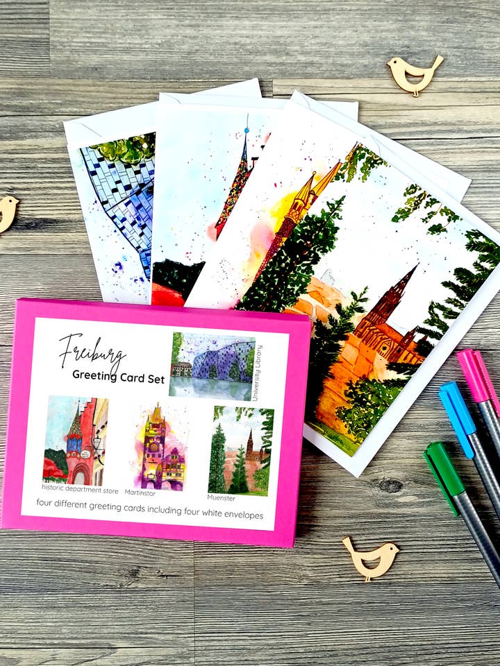 Wenskaarten cadeauset Freiburg – 4 kaarten met enveloppen voor wholesale door Christina Jenne Art and Design