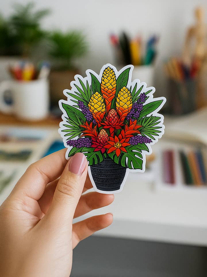 Floral Sticker - Tropical Flowers in a Handcrafted Vase for wholesale by Joyful Jewels by Joyful Blooms