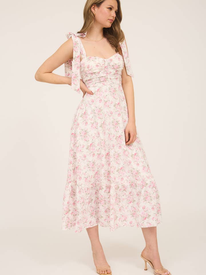 Blu Pepper - Wholesale Dress - Women's - FLORAL TIE STRAP RUCHED DETAIL MAXI DRESS