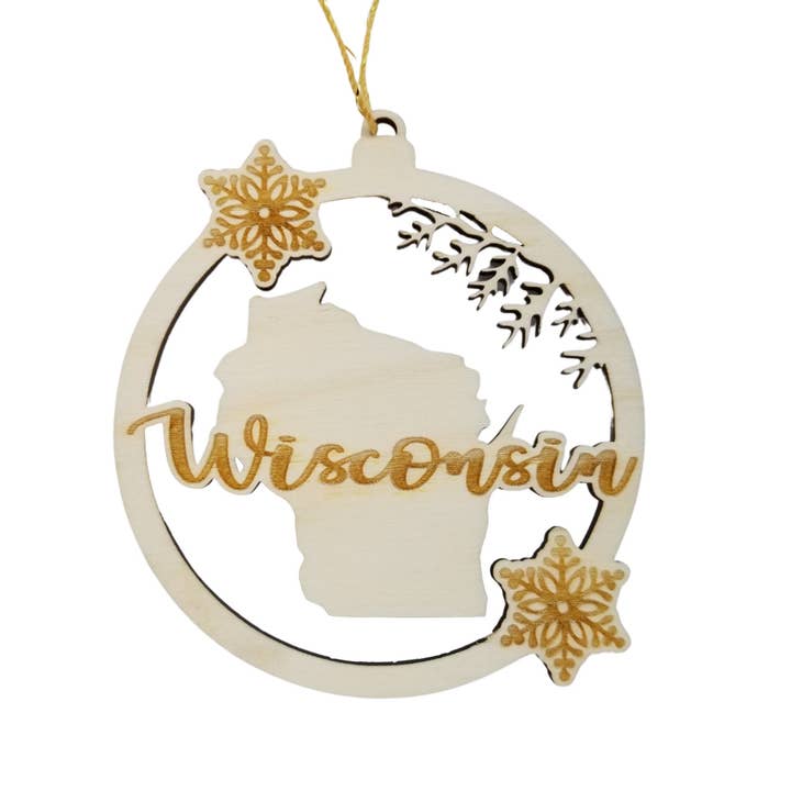 Wisconsin Wood Ornament - WI State Shape with Snowflakes Cutout - 15380 for wholesale by Happy Wood Products