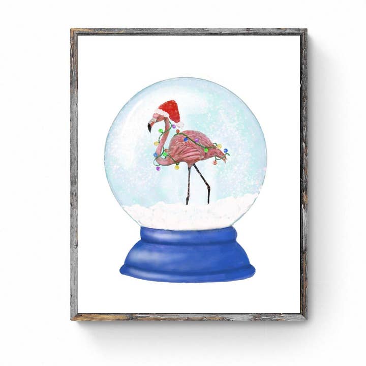 Julflamingo snöglob tryck, vinterjulkonst, flamingogåva, nyårskonst, vinterheminredning, jul snöglob, unik väggkonst för wholesale av MerikaArt