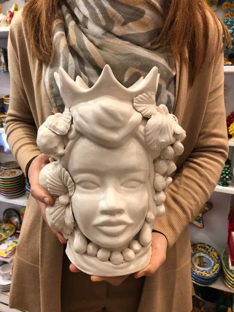 DD Ceramiche Siciliane - Wholesale Decorative Figurine - Moor's Heads Crown with Pointed Caltagirone Ceramic cm H.28 L.20 Handcrafted White4