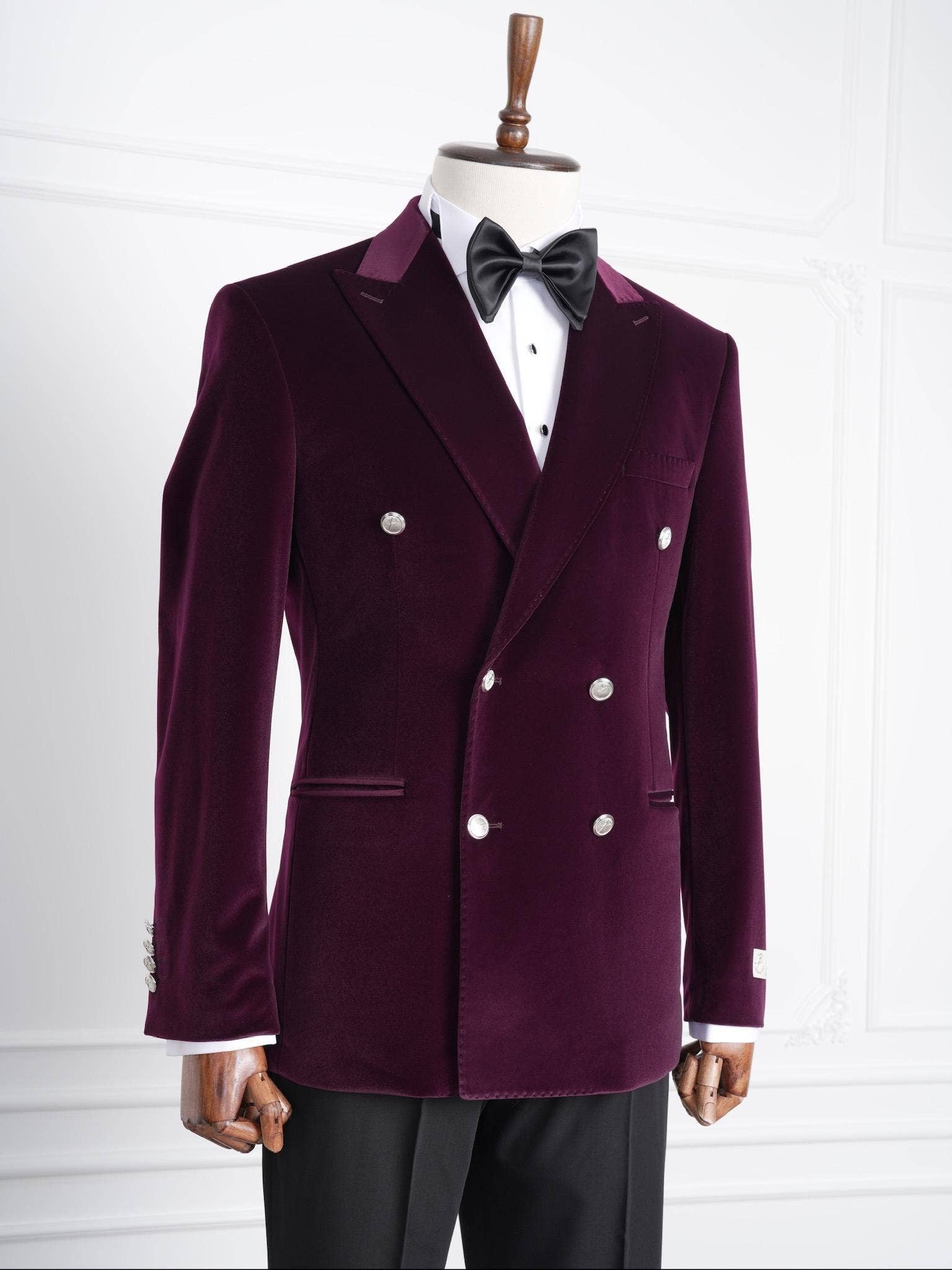 parez suits - Wholesale Tuxedo Jacket - Men's - Wine Velvet Double-Breasted Tuxedo with Signature Buttons1