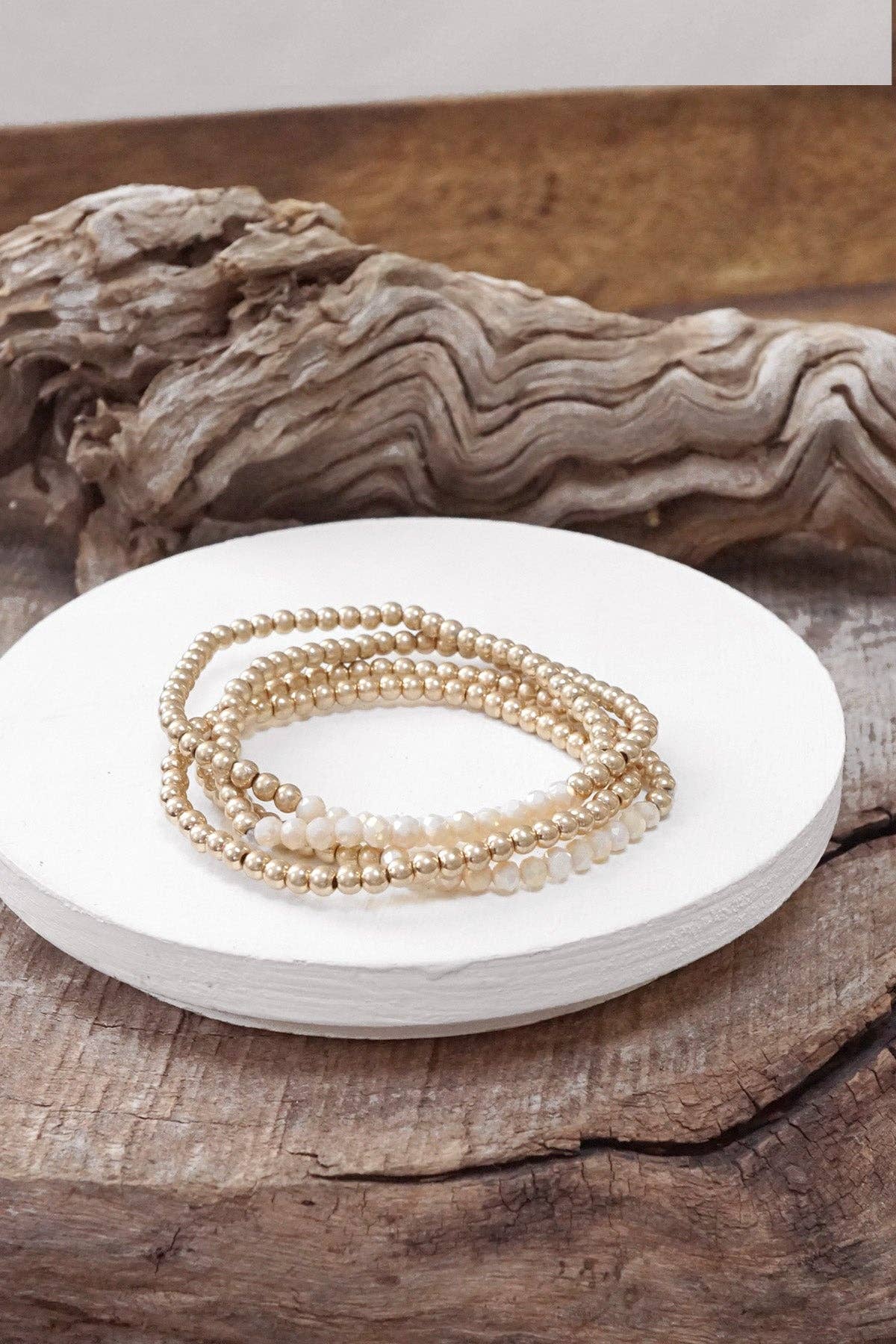 PennyLine inc - Wholesale Beaded Bracelet - Small Worn Gold tone and Glass beads bracelet stack of 4 bracelets4