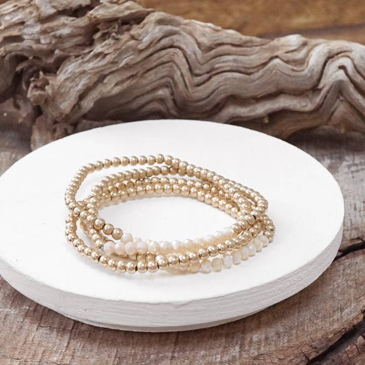 PennyLine inc - Wholesale Beaded Bracelet - Small Worn Gold tone and Glass beads bracelet stack of 4 bracelets4