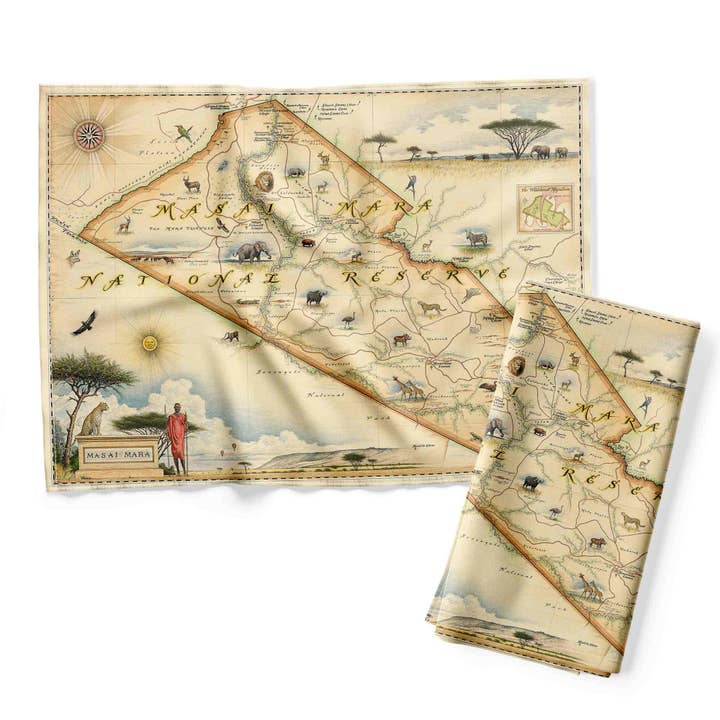 XPLORER MAPS - Wholesale Tea Towel - Maasai Mara National Reserve, Kenya Map Kitchen Towel