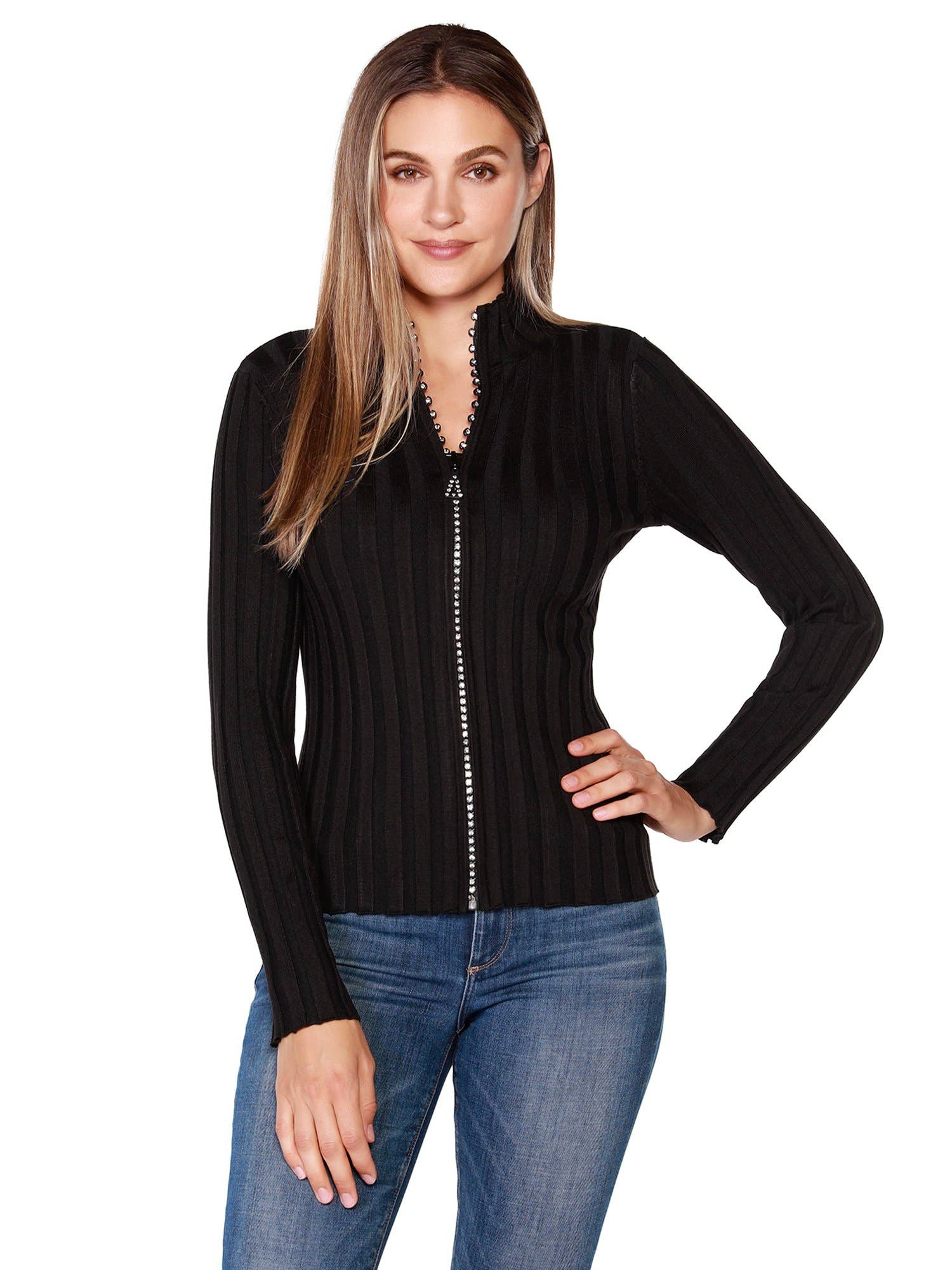 Belldini - Wholesale Knit Sweater - Women's - Women's Diamond Zip Front Mock Neck Sweater0