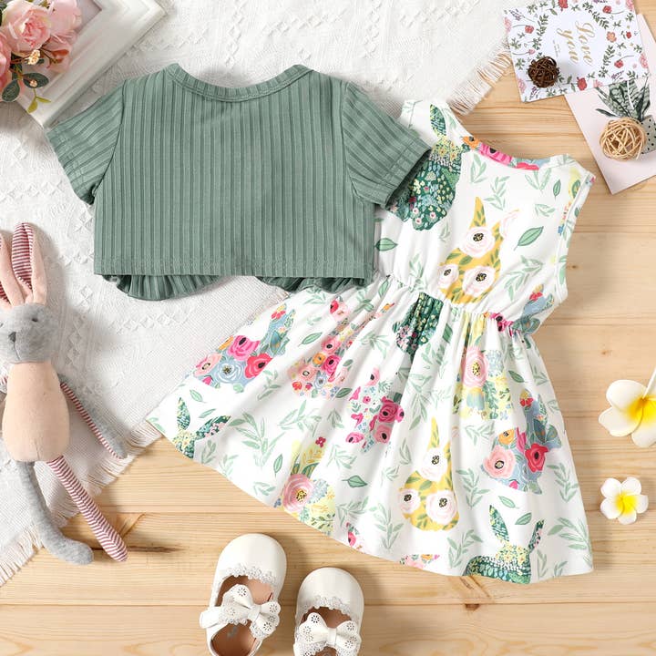 GrayGreen 2pcs Baby Girl Solid Ribbed Short-sleeve Ruffle Top & Dress for wholesale on Faire