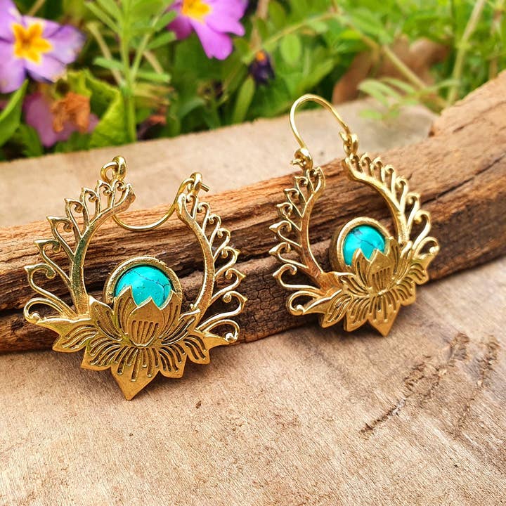 Kaali Boutique - Wholesale Hoop Earrings - Golden Lotus Flower Turquoise Earrings rustic, yoga, hippie, gypsy, pretty, psy, boho, bohemian, festival1