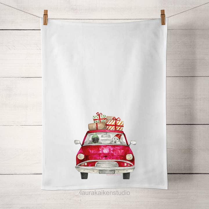 Laura K Aiken Studio - Wholesale Tea Towel - Holiday Red Car with Black and White Lab Dogs0