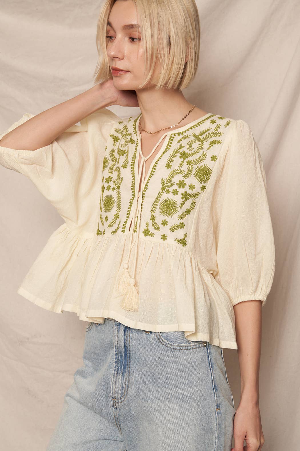 En Crème - Wholesale Blouse - Women's - Puff Sleeve Peplum Top with Embroidery Detail22