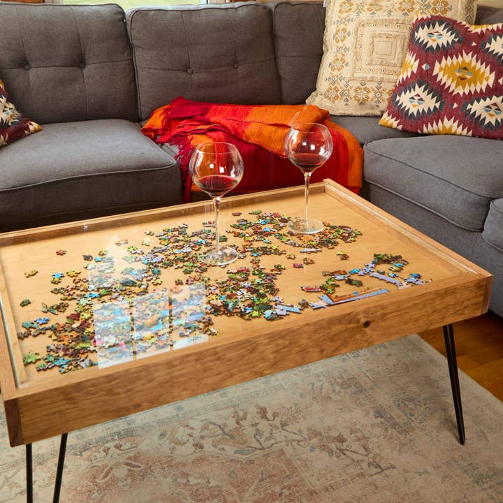 Charles River Woodworks - Wholesale Coffee Table - Rustic Puzzle Coffee Table with removable glass top - includes 2 hidden drawers - 24x36"2